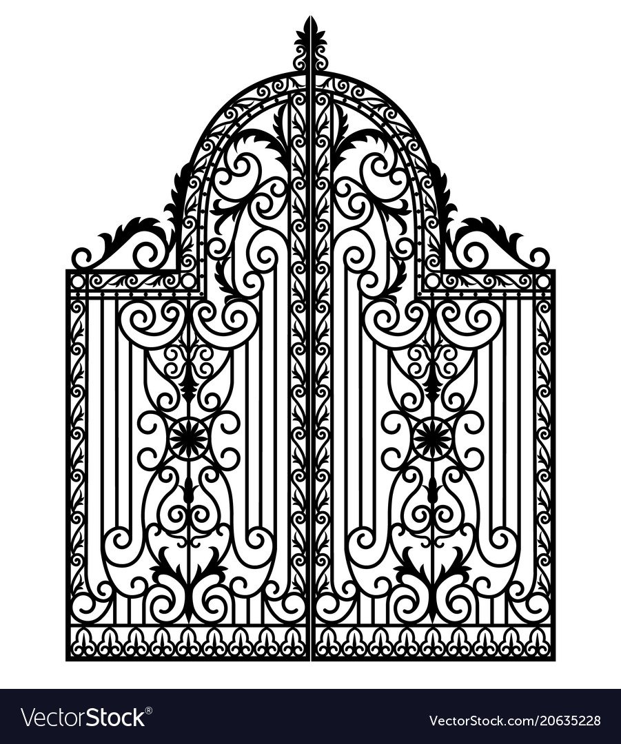 Black metal gate with forged ornaments on a white background