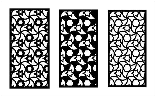 Jali laser pattern design. Set of decorative vector panels for laser cutting. Jali template for interior partition in islamic style. Ratio 1 2